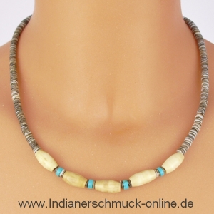 Knochenkette mit Trkis und Muschel Indianerschmuck